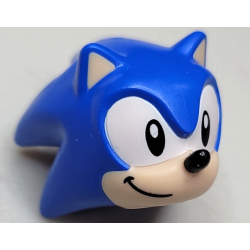 Minifigure, Head, Modified Hedgehog, Sonic with Molded Light Nougat Face and Inner Ears and Printed Black Eyes on White Background, Black Nose and Grin to Right Pattern