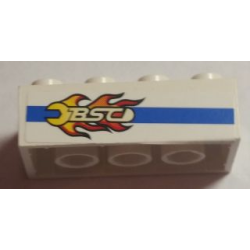 Brick 2 x 4 with Blue Line and Flaming Wrench 'BSC' Pattern Model Left Side (Sticker) - Set 8681