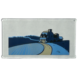 Glass for Window 1 x 4 x 6 with Bright Light Blue and Dark Blue Fields, Tan Road and House, Black Roof and Bushes Pattern