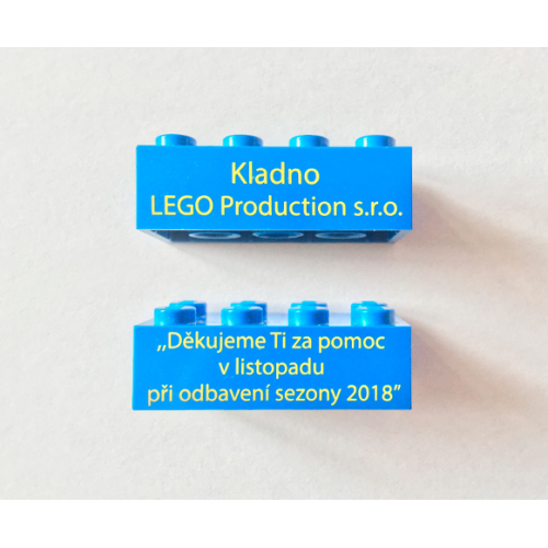 Деталь LEGO 3001pb141 Brick 2 x 4 with 'Kladno LEGO Production s.r.o.' and 'Thank you for your help in November 2018' (Translated Czech) Pattern on Opposite Sides