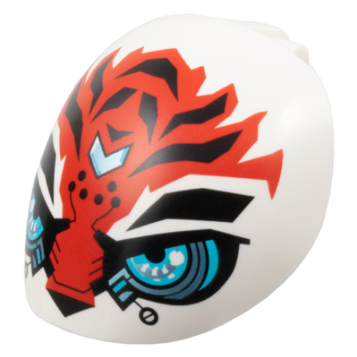 Деталь LEGO 1686pb01 Large Figure Armor, Round, Smooth with Bar Handle - Free Ends with Red Tiger Face with Black Eyebrows, Dots, Nose and Markings, Medium Azure and Metallic Light Blue Robotic Eyes and Forehead Chevron Pattern