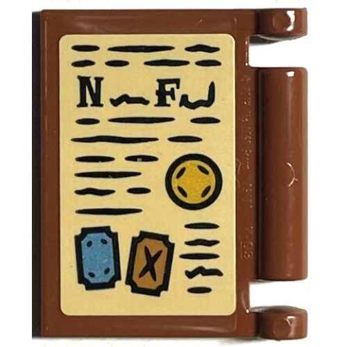 Деталь LEGO 24093pb055 Minifigure, Utensil Book Cover with Black Writing, Symbols and Capital Letter N and F on Tan Background Pattern (Sticker) - Set 76402