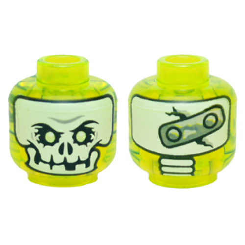 Деталь LEGO 3626pb1392 Minifigure, Head Alien Ghost with White Skull Face, Yellowish Green Eyes, and Metal Plate on Back Pattern