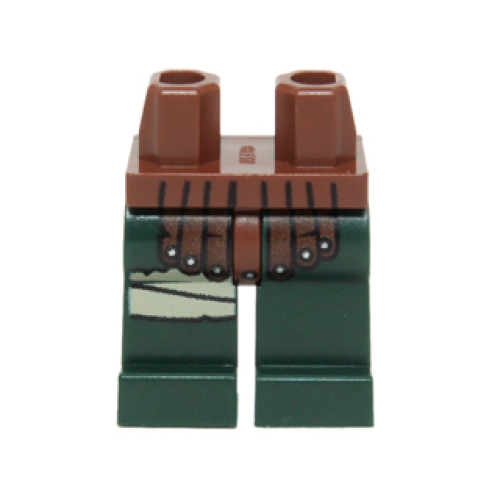 Деталь LEGO 970c80pb03 Hips and Dark Green Legs with Reddish Brown Leather Armor and Tan Knee Wrappings on Right Leg Pattern