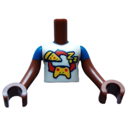 Torso Mini Doll Boy White Shirt with Red Curved Arrows and Yellow 'ZZZ', Pizza, and Game Controller Pattern, Reddish Brown Arms with Hands with Blue Short Sleeves