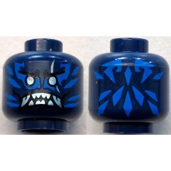 Minifigure, Head Alien with Black Eyebrows, Metallic Light Blue Eyes and Scar, Blue Markings, Angry Open Mouth with Fangs and Sharp Teeth Parted Pattern