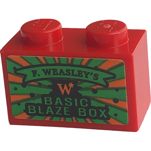 Деталь LEGO 3004pb305 Brick 1 x 2 with Black 'F. WEASLEY'S' on Green Banner, 'BASIC BLAZE BOX' and Orange Capital Letter W Pattern (Sticker) - Set 76422