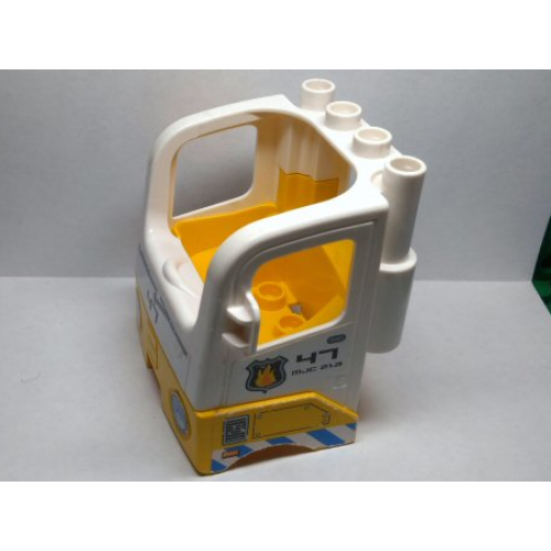 Деталь LEGO 48125c02pb01 Duplo Cabin Truck Semi-Tractor Cab with Yellow Base with '47', Fire Logo, Blue and White Stripes and Headlights Pattern (Stickers) - Set 7844