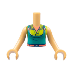 Torso Mini Doll Girl Coral Neck and Belt, Lime Shirt, Dark Turquoise Apron Pattern, Medium Tan Arms with Hands