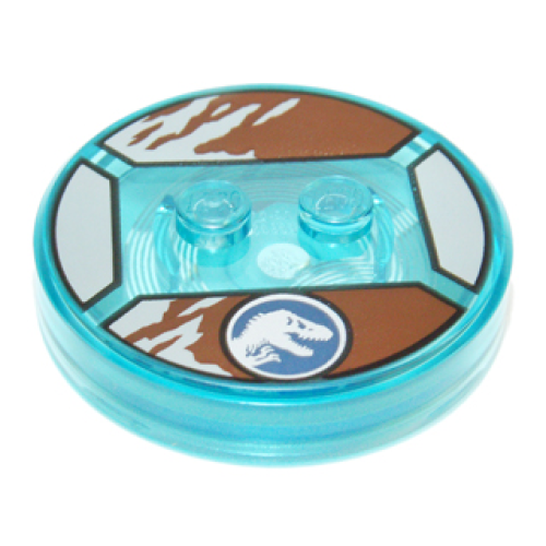 Деталь LEGO 18605c01pb15 Dimensions Toy Tag 4 x 4 x 2/3 with 2 Studs and Trans-Light Blue Bottom with Silver Jurassic World Logo on Reddish Brown and Light Bluish Gray Background Pattern (Owen)