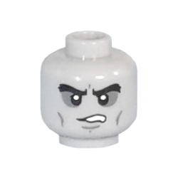Minifigure, Head Alien with Black Bushy Eyebrows, Dark Bluish Gray Sunken Eyes, Cheek Lines, Frown with Teeth Pattern