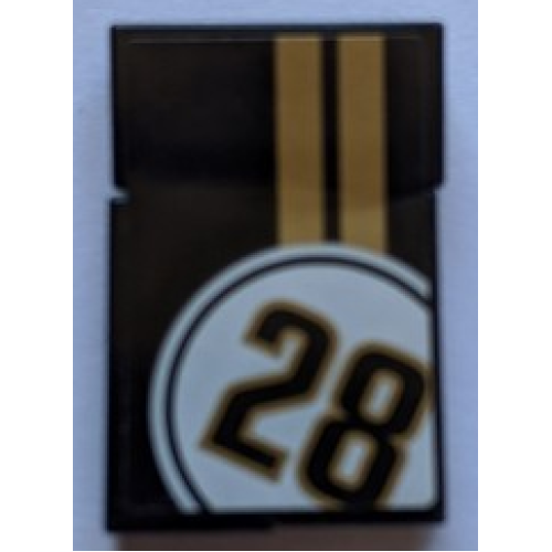 Деталь LEGO BA153pb02 Stickered Assembly 3 x 2 with Number 28 in White Circle with Gold Stripes on Black Background Pattern (Sticker) - Set 8147 - 3 Tile 1 x 2