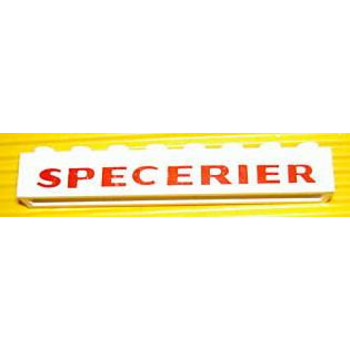 Деталь LEGO crssprt01pb39 Brick 1 x 8 without Bottom Tubes with Cross Side Supports with Red 'SPECERIER' Pattern