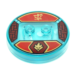 Dimensions Toy Tag 4 x 4 x 2/3 with 2 Studs and Trans-Light Blue Bottom with Gold Fire Lion Head Symbol in Dark Red Hexagon and Ninjago Logogram 'Fire' on Red Background Pattern (Kai)