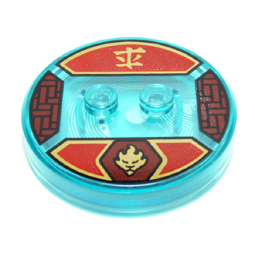 Деталь LEGO 18605c01pb31 Dimensions Toy Tag 4 x 4 x 2/3 with 2 Studs and Trans-Light Blue Bottom with Gold Fire Lion Head Symbol in Dark Red Hexagon and Ninjago Logogram 'Fire' on Red Background Pattern (Kai)