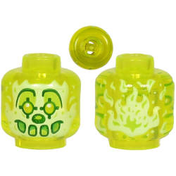 Minifigure, Head Alien Ghost Clown with Yellowish Green Face, Large Drawn Eyebrows, Pointed Eyes, Nose and Flames in Back Pattern