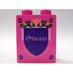 Duplo, Brick 1 x 2 x 2 with Shield - 'Princess' with Flowers Pattern
