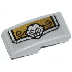 Slope, Curved 2 x 1 x 2/3 with Gold and Silver Armor Plate with Lion Head and Black Swirls Pattern Model Left Side (Sticker) - Set 70123 Slope, Curved 2 x 1 x 2/3 with Gold and Silver Armor Plate with Lion Head and Black Swirls Pattern Model Left Side (Sticker) - Set 70123