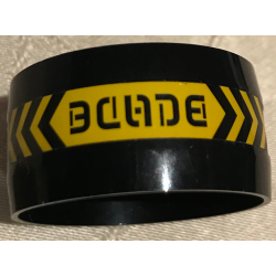 Cylinder 4 x 4 x 1 2/3 with Pin Holes and Center Bar with Stylized 'BLADE' and Black and Yellow Danger Chevrons Pattern (Sticker) - Set 70596 Cylinder 4 x 4 x 1 2/3 with Pin Holes and Center Bar with Stylized 'BLADE' and Black and Yellow Danger Chevrons Pattern (Sticker) - Set 70596