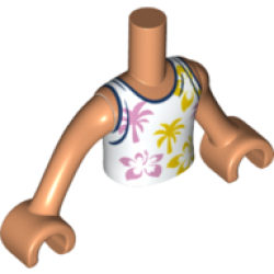 Torso Mini Doll Boy White Tank Top with Bright Pink and Bright Light Orange Flowers and Palm Trees Pattern, Nougat Arms with Hands