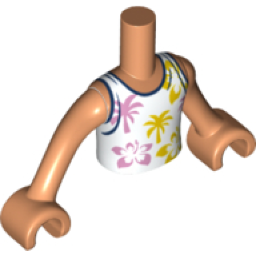 Деталь LEGO FTBpb068c01 Torso Mini Doll Boy White Tank Top with Bright Pink and Bright Light Orange Flowers and Palm Trees Pattern, Nougat Arms with Hands
