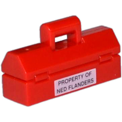 Minifigure, Utensil Toolbox with Black 'PROPERTY OF NED FLANDERS' on White Rectangle Pattern