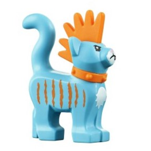 Деталь LEGO 39742pb02 Cat, Standing with Molded Orange Spiky Mohawk and Collar and Printed Stripes, White Muzzle and Chest, Bright Pink Nose, Closed Mouth with Fang Pattern (Mo)
