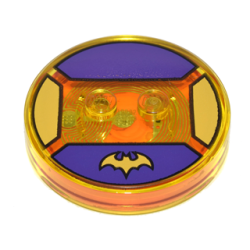 Dimensions Toy Tag 4 x 4 x 2/3 with 2 Studs and Trans-Orange Bottom with Yellow Bat Batman Logo on Dark Purple Background Pattern (Batgirl) Dimensions Toy Tag 4 x 4 x 2/3 with 2 Studs and Trans-Orange Bottom with Yellow Bat Batman Logo on Dark Purple Background Pattern (Batgirl)