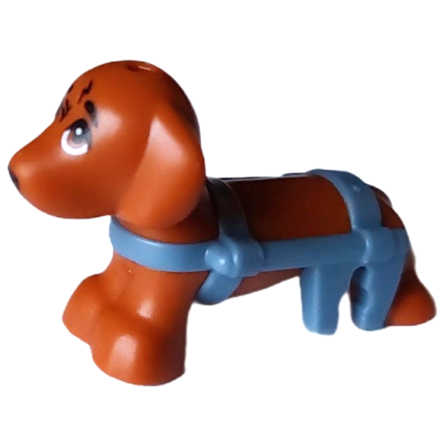 Деталь LEGO 100559pb02 Dog, Friends Style, Dachshund with Molded Sand Blue Wheelchair Harness and Printed Eyes, Black Nose, and Scratches Pattern (Pickle)