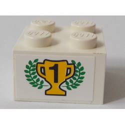 Brick 2 x 2 with Black Number 1 on Yellow Trophy Cup, Green Laurels Pattern (Sticker) - Set 6337