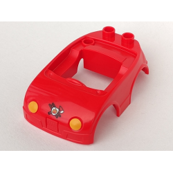 Duplo Car Body with 2 Studs on Back and Yellow Headlights and Reverse Fire Logo Pattern (fits over Car Base 2 x 4) Duplo Car Body with 2 Studs on Back and Yellow Headlights and Reverse Fire Logo Pattern (fits over Car Base 2 x 4)
