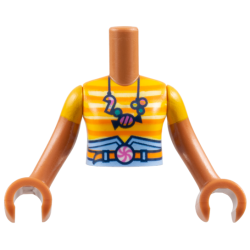 Torso Mini Doll Girl Bright Light Orange Striped T-Shirt, Bright Light Blue Skirt Top and Orange Belt with Candy Buckle and Necklace Pattern, Sienna Arms with Hands with Bright Light Orange Short Sleeves