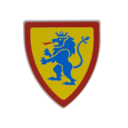 Minifigure, Shield Triangular Short with Blue Lion Standing with Raised Foot on Yellow Background with Red Border Pattern Minifigure, Shield Triangular Short with Blue Lion Standing with Raised Foot on Yellow Background with Red Border Pattern