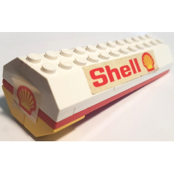 Stickered Assembly 12 x 4 x 2 2/3 with Shell Logo on End and Red 'Shell' and Shell Logo Pattern on Both Sides (Stickers) - Set 671-1 - 4 Plate 1 x 4, 2 Plate 1 x 6, 1 Plate 4 x 12, 6 Slope 45 2 x 4, 2 Slope, Inverted 45 2 x 2 with Flat Bottom Pin