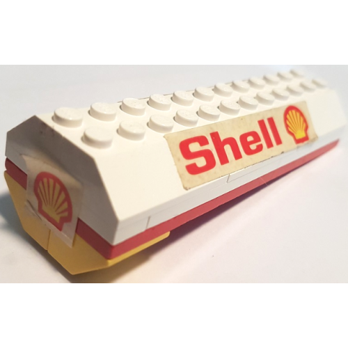 Деталь LEGO BA317pb01 Stickered Assembly 12 x 4 x 2 2/3 with Shell Logo on End and Red 'Shell' and Shell Logo Pattern on Both Sides (Stickers) - Set 671-1 - 4 Plate 1 x 4, 2 Plate 1 x 6, 1 Plate 4 x 12, 6 Slope 45 2 x 4, 2 Slope, Inverted 45 2 x 2 with Flat Bottom Pin