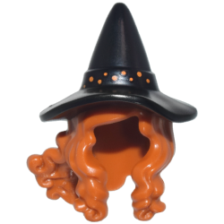Minifigure, Hair Combo, Hair with Hat, Long Hair with 2 Braids over Shoulders with Molded Black Witch Hat with Printed Orange Spots Pattern Minifigure, Hair Combo, Hair with Hat, Long Hair with 2 Braids over Shoulders with Molded Black Witch Hat with Printed Orange Spots Pattern