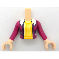 Torso Mini Doll Girl Magenta Jacket with White Fur Collar and Pockets over Bright Light Yellow and Bright Light Orange Sweater Pattern, Light Nougat Arms with Hands with Magenta Long Sleeves