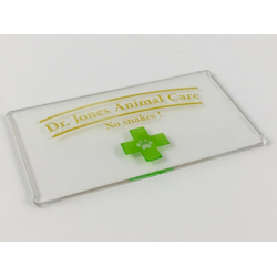 Glass for Window 1 x 4 x 6 with Gold 'Dr. Jones Animal Care No Snakes!' and Green Cross with Paw Print Pattern
