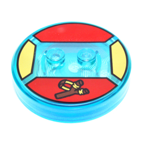 Деталь LEGO 18605c01pb25 Dimensions Toy Tag 4 x 4 x 2/3 with 2 Studs and Trans-Light Blue Bottom with Reddish Brown Slingshot with Yellow Band on Red Background Pattern (Bart)