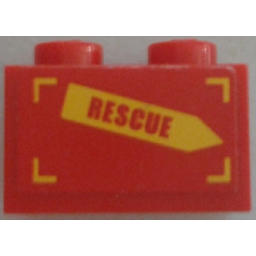 Деталь LEGO 3004pb157R Brick 1 x 2 with 'RESCUE' on Yellow Arrow Pattern Model Right Side (Sticker) - Set 60010