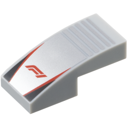 Slope, Curved 2 x 1 x 2/3 with Formula 1 Logo Stylized Red 'F1' on Silver Background with Notches, Red Stripes, Black Triangles Pattern Slope, Curved 2 x 1 x 2/3 with Formula 1 Logo Stylized Red 'F1' on Silver Background with Notches, Red Stripes, Black Triangles Pattern