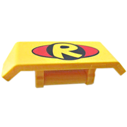 Vehicle, Spoiler with Bar Handle with Letter R inside Black Circle on Red Oval Pattern Vehicle, Spoiler with Bar Handle with Letter R inside Black Circle on Red Oval Pattern