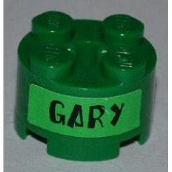 Brick, Round 2 x 2 with Axle Hole with Black 'GARY' on Bright Green Background Pattern on Both Sides (Stickers) - Set 3834