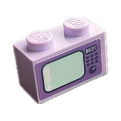 Brick 1 x 2 with Medium Lavender Television with Dark Purple Buttons, Light Aqua Screen and White '04:21' Pattern (Sticker) - Set 41716