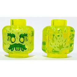 Minifigure, Head Alien Ghost with Yellowish Green Face, Dark Green Bushy Eyebrows and Moustache, Lime Eye Shadow, Green Open Mouth Frown with Slime and Tongue, Flames on Back Pattern