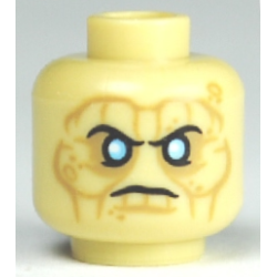 Minifigure, Head Alien with Bright Light Blue Eyes, Dark Tan Eye Shadow and Wrinkles, Stern Pattern