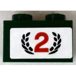 Brick 1 x 2 with Red Number 2 and Dark Green Laurel Wreath Pattern (Sticker) - Set 75881