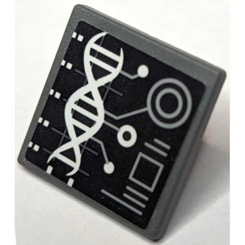 Деталь LEGO 15210pb167 Road Sign 2 x 2 Square with Open O Clip with White DNA Double Helix and Light Bluish Gray Circles, Square and Lines on Black Background Pattern (Sticker) - Set 75933