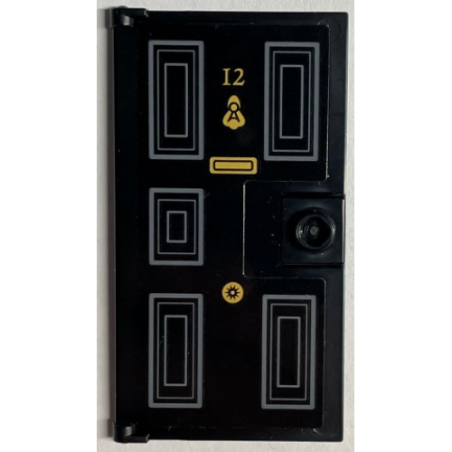 Деталь LEGO 60616pb093 Door 1 x 4 x 6 with Stud Handle with Gold Number 12, Knocker, Letterbox and Dark Bluish Gray Panels Pattern (Sticker) - Set 76408