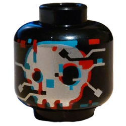 Minifigure, Head Alien Silver Face with Circuitry, Dark Turquoise and Red Outline, Rectangles and Squares Pattern